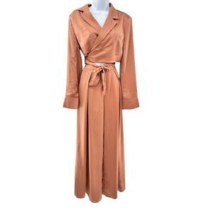 FATE 2pc Satin Cropped Wrap Blazer & Wide Leg Pant Set Brown Medium Large NWT
